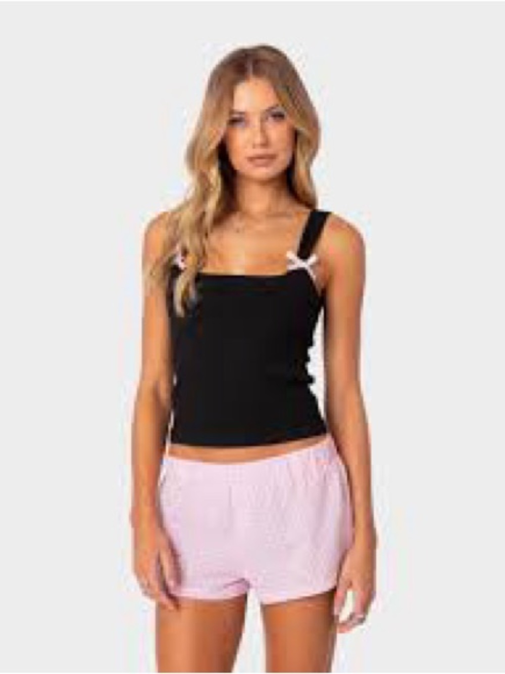 Edikted Lola Ribbed Black Tank Top with Pink Bow Straps